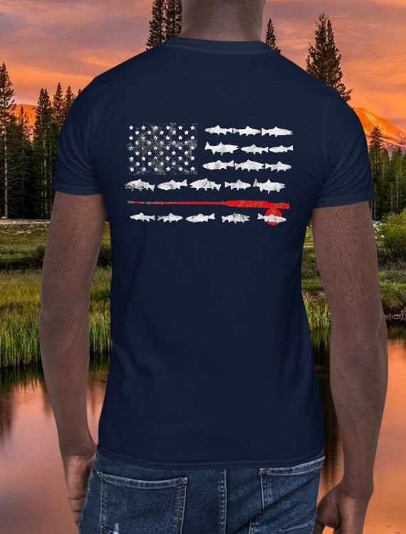 American Flag Fishing Shirt, Fly Fishing Art, Fly Fishing Shirts, Trout Art, Outdoor Shirt, USA Pride, Camping Shirt, Lake Fishing Tshirt