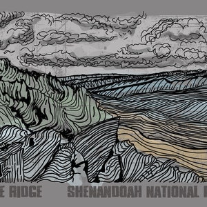 May include: A black and white line drawing of a mountain range with a cloudy sky. The text "BLUE RIDGE SHENANDOAH NATIONAL PARK" is at the bottom of the image.