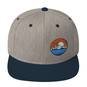 Retro mountain Flat bill snapback | trendy cap | mountain and river ball cap | mens snapback hat | heathered grey | boy friend snapback cap