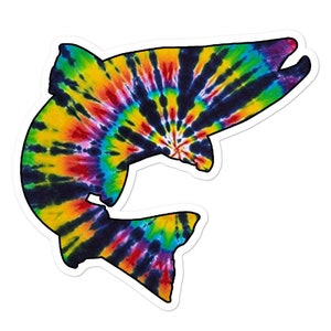 Calcomanías de peces / Calcomanías troqueladas / Arte inspirado en la década de 1970 con efecto teñido anudado / Calcomanías de trucha marrón / Calcomanías de vinilo / Calcomanías para exteriores / Pescador con mosca hippie