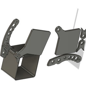 May include: A set of five metal parts for a car, including a square box with a hinged flap, a curved arm with holes, and three flat plates with holes.