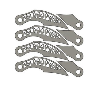 May include: Four gray metal knife blades with a flame design. The blades are curved and have a hole at the top.