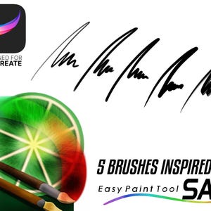 May include: Digital art brushes for Procreate, inspired by Easy Paint Tool SAI. The image features brush strokes, a Procreate logo, and the text "5 BRUSHES INSPIRED BY SAI". A colorful palette and paintbrushes are also visible.