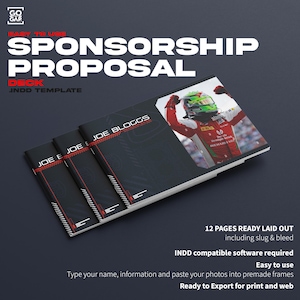 May include: A stack of black sponsorship proposal decks with the text "SPONSORSHIP PROPOSAL" in white. The deck includes a photo of a race car driver. The text "JOE BLOGGS" is visible on the cover. The deck is ready to export for print and web.