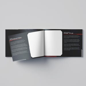 May include: Open book with a black cover and white pages. The left page has the word "INTRODUCTION" in red. The right page has the words "THIS IS YOUR PAGE TITLE" in red. The book has a modern design.
