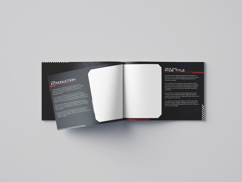 May include: Open book with a black cover and white pages. The left page has the word "INTRODUCTION" in red. The right page has the words "THIS IS YOUR PAGE TITLE" in red. The book has a modern design.