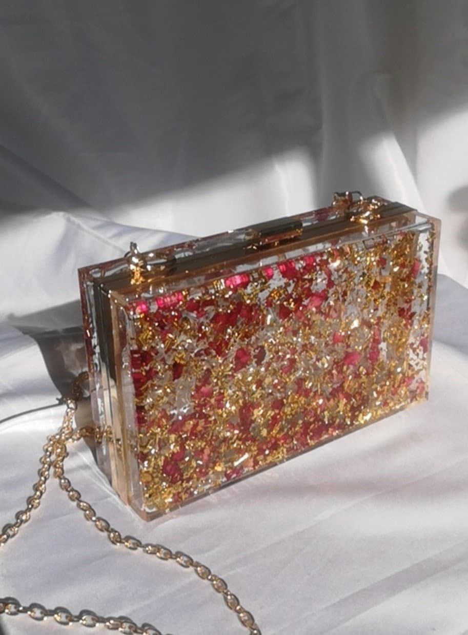 Natural resin cloudy design rectangle resin ladies clutch bag with brass  gold plating chain nice design resin women clutch bag – Ajmeri Handicrafts