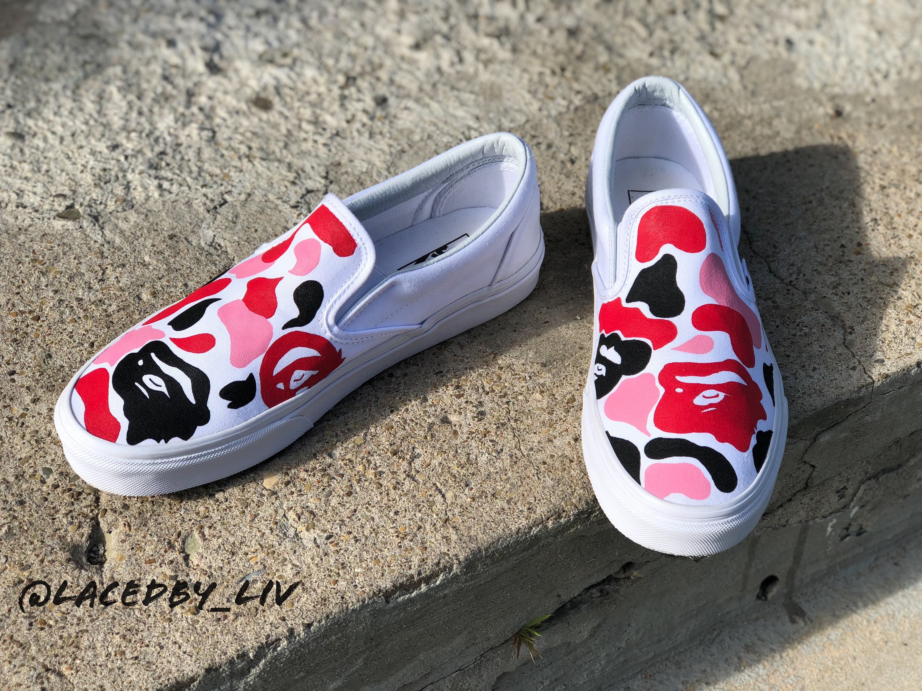 Farrell's Curious Soles - Custom Supreme X Bape Vans. Such a great project  to work on - airbrush work, hand painted details. Love the end result.  #bape #supreme #vans #curioussoles #customkicks #customsneakers #