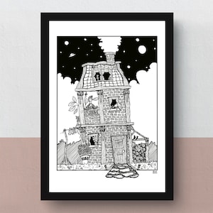 Enjoying A4 print imaginative artwork original illustration of a unique and cosy house underneath a starry sky image 1