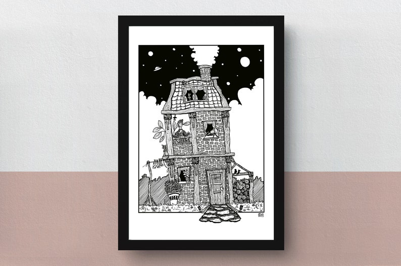 Enjoying A4 print imaginative artwork original illustration of a unique and cosy house underneath a starry sky image 1