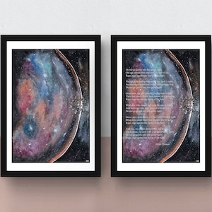 May include: Two framed prints with a watercolor galaxy design. The left print features a galaxy with a crescent moon shape. The right print features the same galaxy with a poem about the moon.