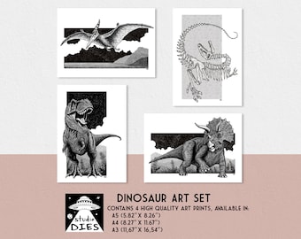 Dinosaur Art Set | A5 and A4 print | A3 poster | Detailed fineliner illustration of a T-Rex | Triceratops | Pteranodon | Gorgosaurus fossil