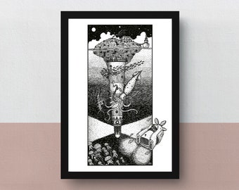 Infra Oceanum | A5 or A4 print | imaginative artwork | original illustration of an upside down lighthouse in a sea full of fish