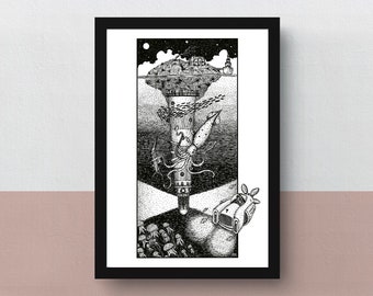 Infra Oceanum | A5 or A4 print | A3 poster | imaginative artwork | original illustration of an upside down lighthouse in a sea full of fish
