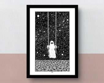 The Swinging Ghost | A5 or A4 print | imaginative artwork | original illustration of two children fishing