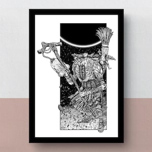 May include: Black and white framed art print featuring a detailed illustration of a figure with a staff, brush, and other tools. The artwork has a textured, speckled background and a celestial element.