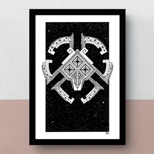 Puede incluir: Un diseño geométrico en blanco y negro con una forma de estrella sobre un fondo negro con puntos blancos. El diseño está enmarcado en un marco negro.