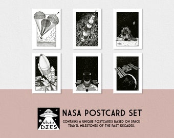 NASA Postcard set | A6 Cards | Saturn V | Lunar Lander | Space Shuttle Discovery | Hubble Space Telescope | ISS | Command Module | Space