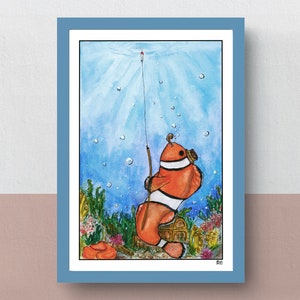 Clownfishing A5 print imaginative artwork original illustration of a clownfish fishing towards the world above water image 1