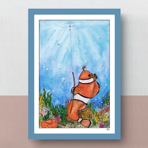 Clownfishing A5 print imaginative artwork original illustration of a clownfish fishing towards the world above water image 1