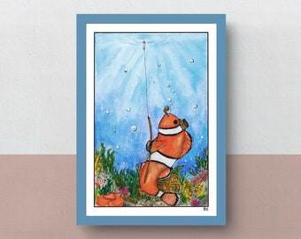 Clownfishing | A5 print | imaginative artwork | original illustration of a clownfish fishing towards the world above water
