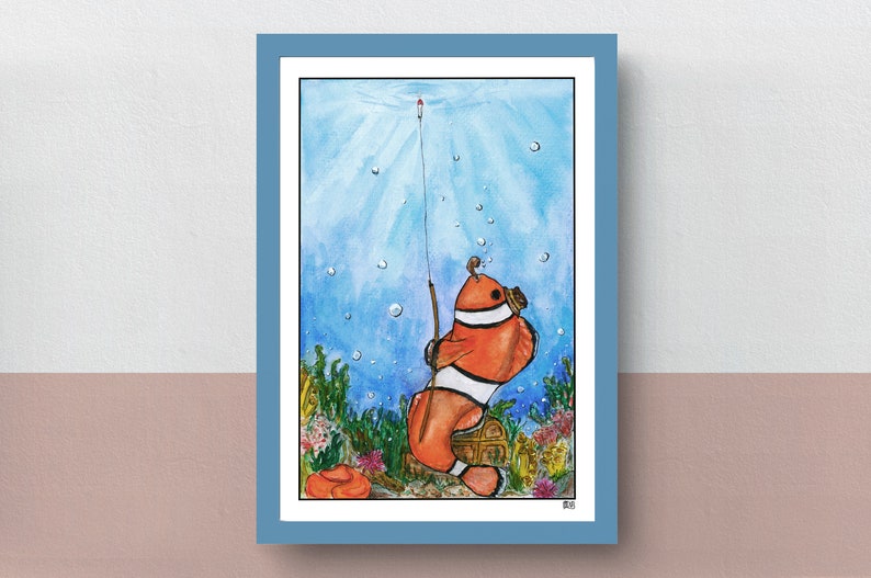 Clownfishing A5 print imaginative artwork original illustration of a clownfish fishing towards the world above water image 1