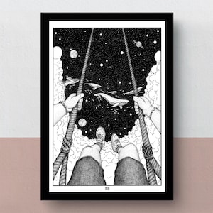 Suelto Impresión A4 | Póster A3|  obra de arte imaginativa | Dibujo original sobre la sensación de ser libre cuando eres un niño, balanceándote en el aire.