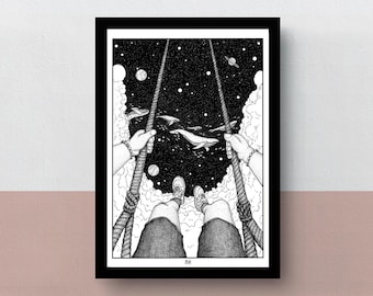 Free | A4 print | A3 poster | imaginative artwork | original illustration about the feeling of being free as a child, swinging in the air