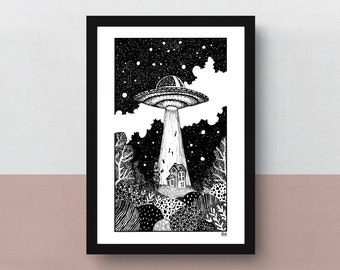Abducted in the Night | A5 print | imaginative artwork | original illustration of unsuspecting humans being abducted by aliens in a ufo