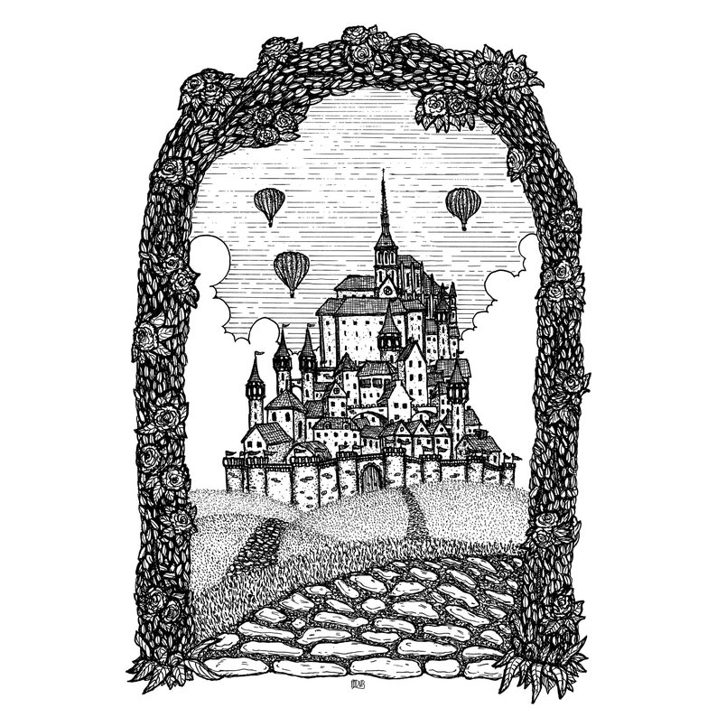 Gate to the Fantasy Kingdom A5 or A4 print imaginative artwork original illustration of a fantasy castle beyond a gate made of roses image 3