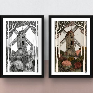 The Post Mill A4 double-sided print imaginative artwork original illustration of an authentic Dutch windmill image 1