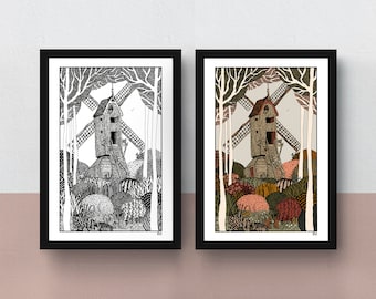 The Post Mill | A5 or A4 print | A3 poster | imaginative artwork | original illustration of an authentic Dutch windmill