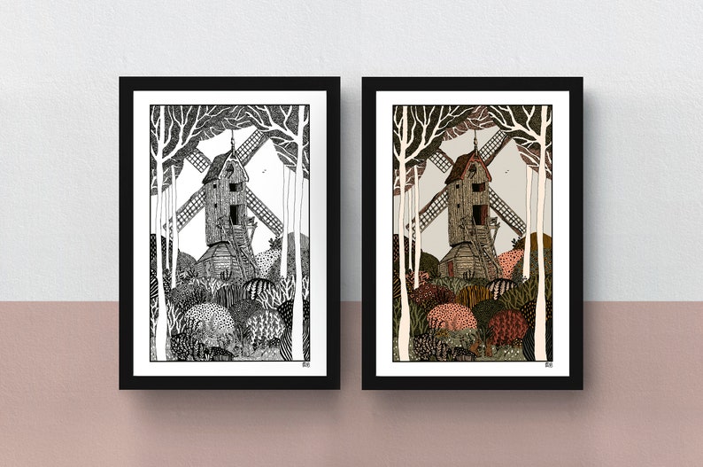 The Post Mill A4 double-sided print imaginative artwork original illustration of an authentic Dutch windmill image 1