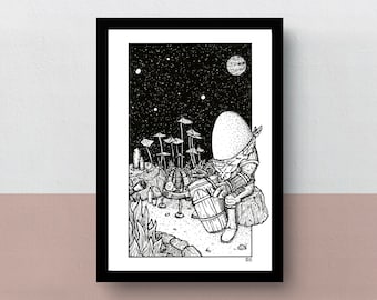 Gabbro | A5, A4 or A3 poster | imaginative artwork | original illustration of the astronomer and observer playing his drums in Outer Wilds