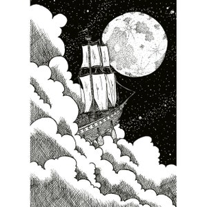 Cloud Ship A4 print imaginative artwork original illustration of a wooden sailing ship traveling through the clouds and along the moon image 3