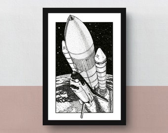 Ônibus Espacial Discovery | Impressão A5 ou A4 | Pôster A3 | Arte | Ilustração original da primeira espaçonave reutilizável
