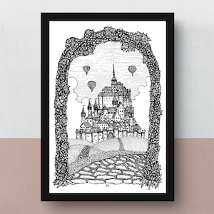 Gate to the Fantasy Kingdom A5 or A4 print imaginative artwork original illustration of a fantasy castle beyond a gate made of roses image 1