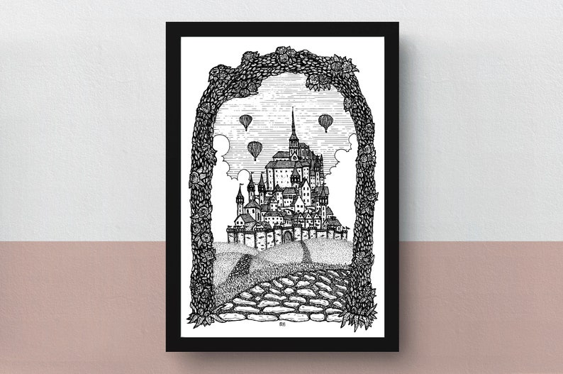 Gate to the Fantasy Kingdom A5 or A4 print imaginative artwork original illustration of a fantasy castle beyond a gate made of roses image 1