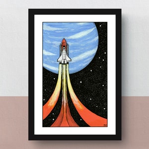 Reise ins Unbekannte | A5- oder A4-Druck | fantasievolles Kunstwerk | Originalillustration eines Space Shuttles, das ins All startet