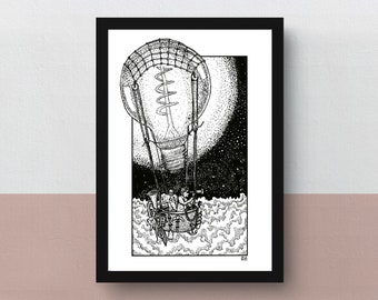 Bulb Balloon | A5 print | imaginative artwork | original illustration of two adventurers traveling the skies in an air balloon light bulb