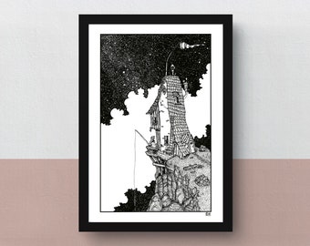 The Lonely Fisherman | A5 or A4 print | imaginative artwork | original illustration of a house on a cliff where a lonely man is fishing