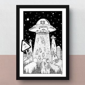 Aliens on the Farm A5 or A4 print imaginative artwork original drawing of farm animals watching an alien abduction image 1