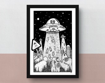 Aliens on the Farm | A5 or A4 print | imaginative artwork | original drawing of farm animals watching an alien abduction