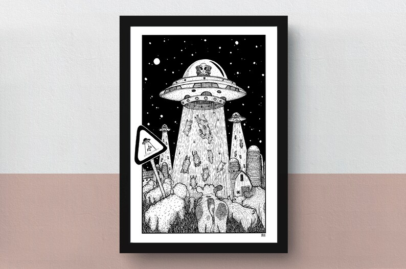 Aliens on the Farm A5 or A4 print imaginative artwork original drawing of farm animals watching an alien abduction image 1