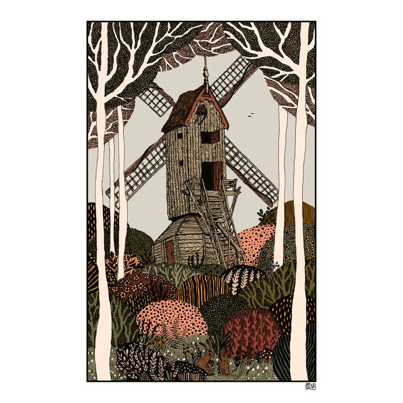 The Post Mill A4 double-sided print imaginative artwork original illustration of an authentic Dutch windmill image 6