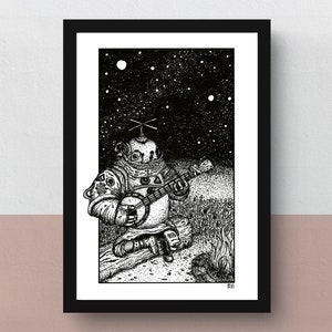 Riebeck | Stampa A5, A4, A3 | opera d'arte fantasiosa | illustrazione originale del più fantastico suonatore di banjo del videogioco Outer Wilds