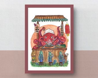 Woktopus | Chef Octo | A5 or A4 print | imaginative artwork | original illustration of an octopus chef serving a wok dish to sardines