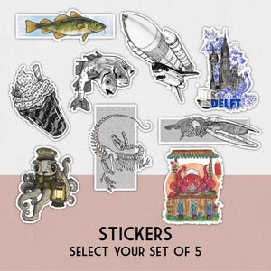 May include: A collection of nine die-cut stickers featuring illustrations of a fish, a space shuttle, a Delft cityscape, a milkshake, a two-headed fish, a dinosaur skeleton, a whale skeleton, an octopus with a lantern, and an octopus at a food stall.