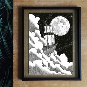 Cloud Ship A4 print imaginative artwork original illustration of a wooden sailing ship traveling through the clouds and along the moon image 2
