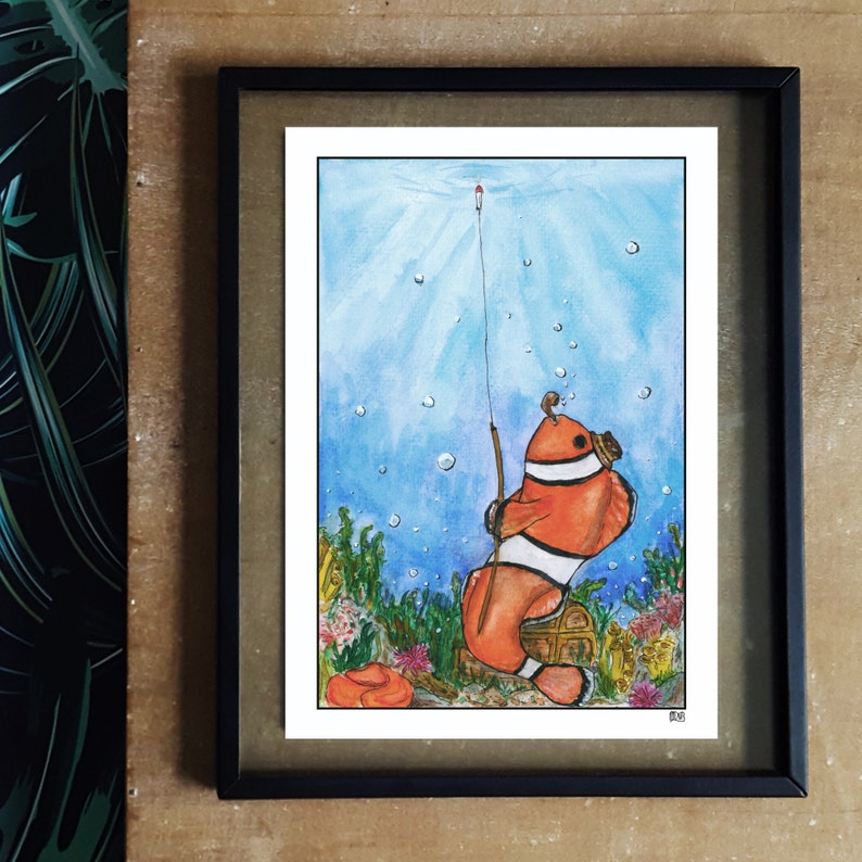 Clownfishing A5 print imaginative artwork original illustration of a clownfish fishing towards the world above water image 2